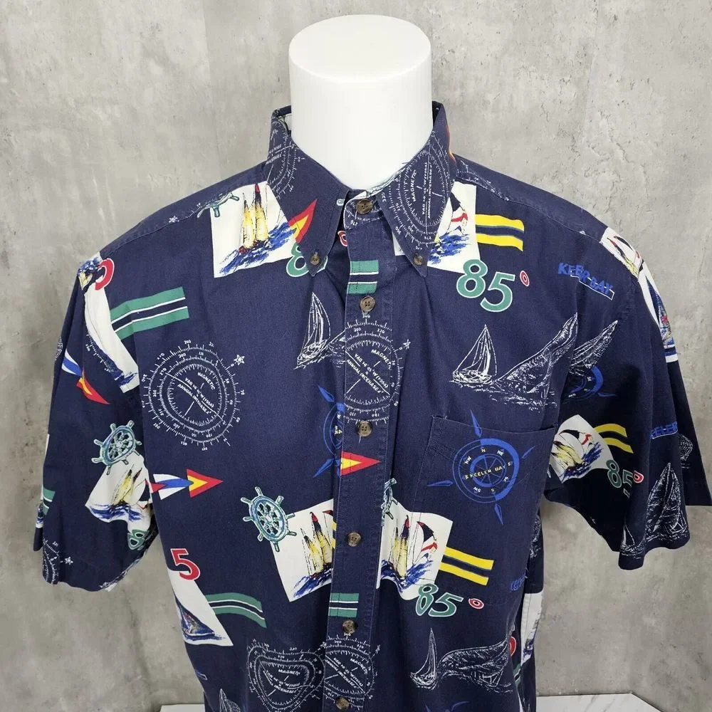 Vintage 90s‎ Keeler Bay Mens 1XLT Tall Nautical Sailing Boating Button Front S/S